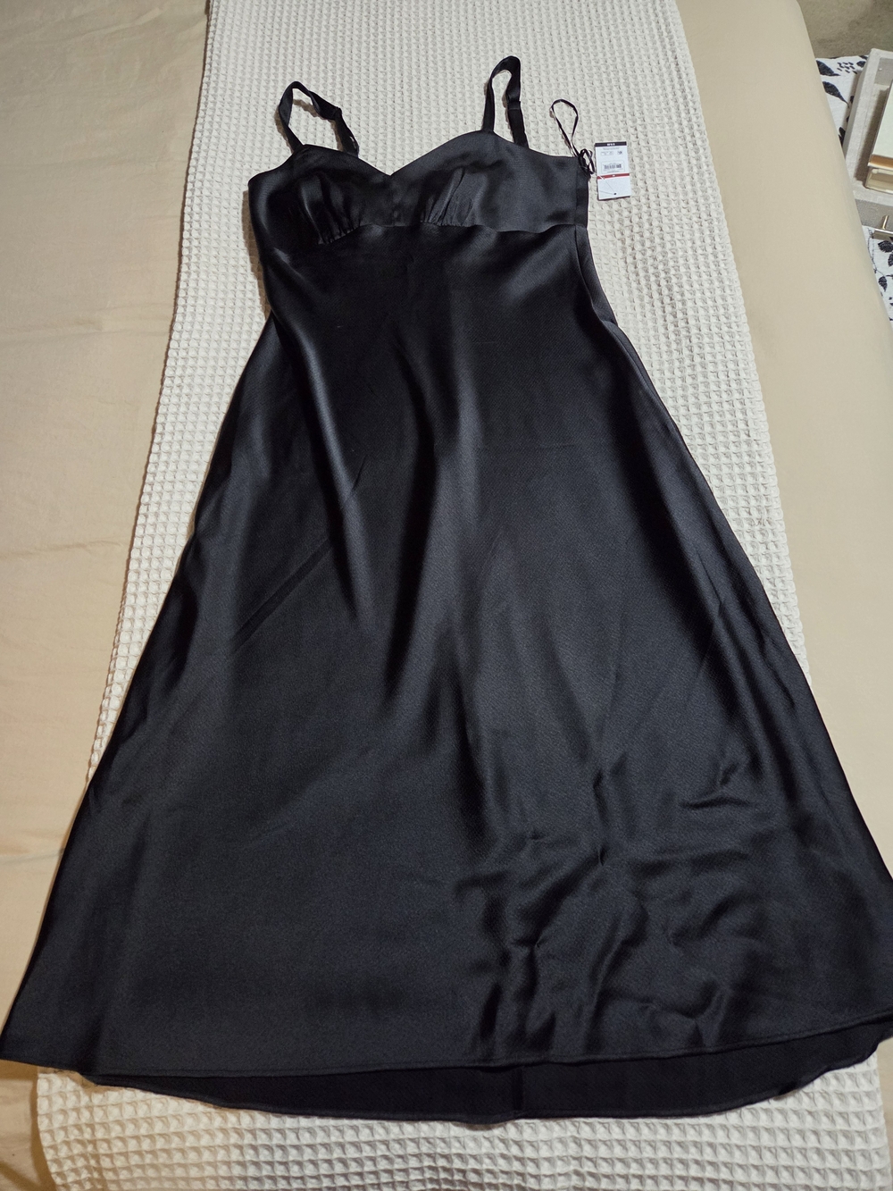 Satin Black Midi Slip Dress with Adjustable Straps